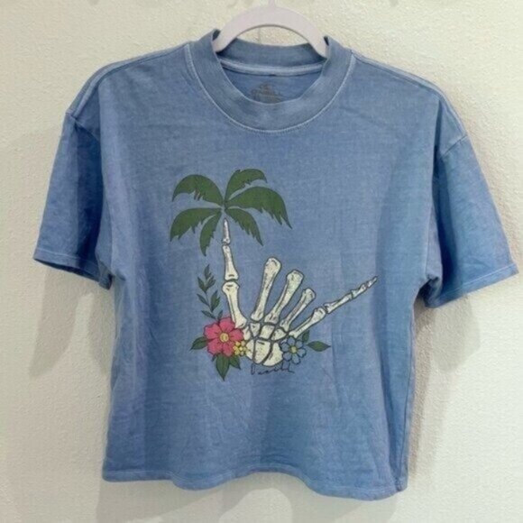 O’Neill Skeleton Surf Beach Short Sleeve Top Distressed Oversized Boxy Tee - Picture 1 of 5